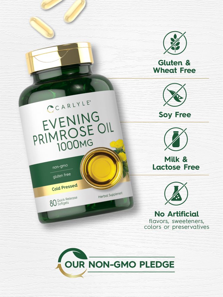 A hand holding Evening Primrose Oil 1000MG Quick Release Softgels, showing the bulk quantity and scale of the product.