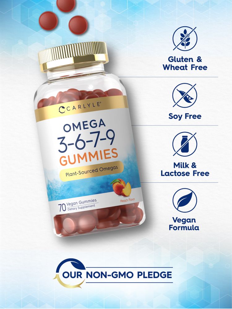 Carlyle Omega 3-6-7-9 Peach Flavor 70 Vegan Gummies in a bottle with three gummies floating nearby.