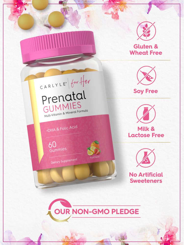 A clear bottle of yellow prenatal gummies (60 count) with some scattered on a white surface.