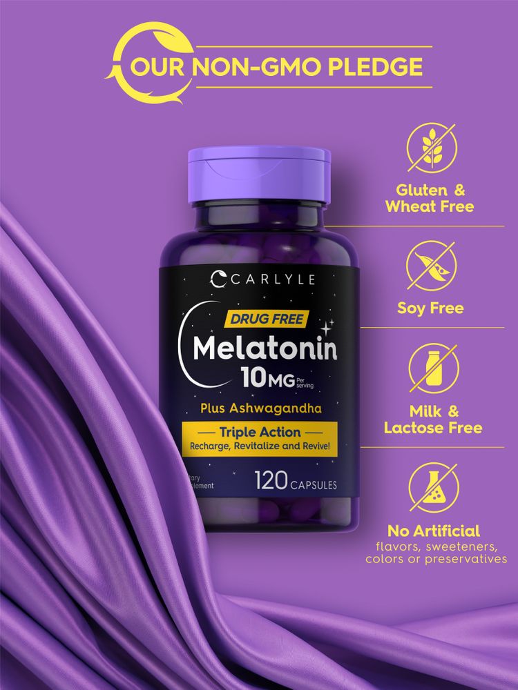 Carlyle Melatonin 10 mg and Ashwagandha 120 capsules held in hand, showcasing the bulk of the bottle for supplement scale.