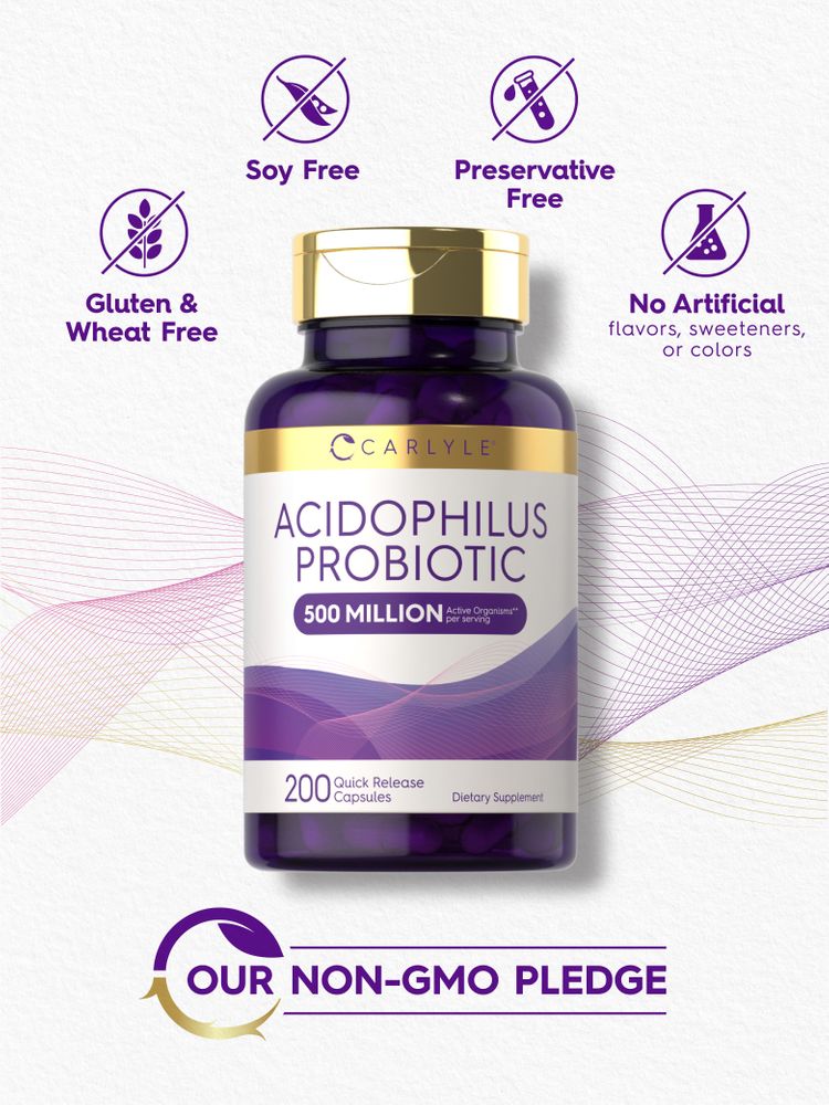 Carlyle Acidophilus Probiotic with 500 million active organisms in 200 quick release capsules.