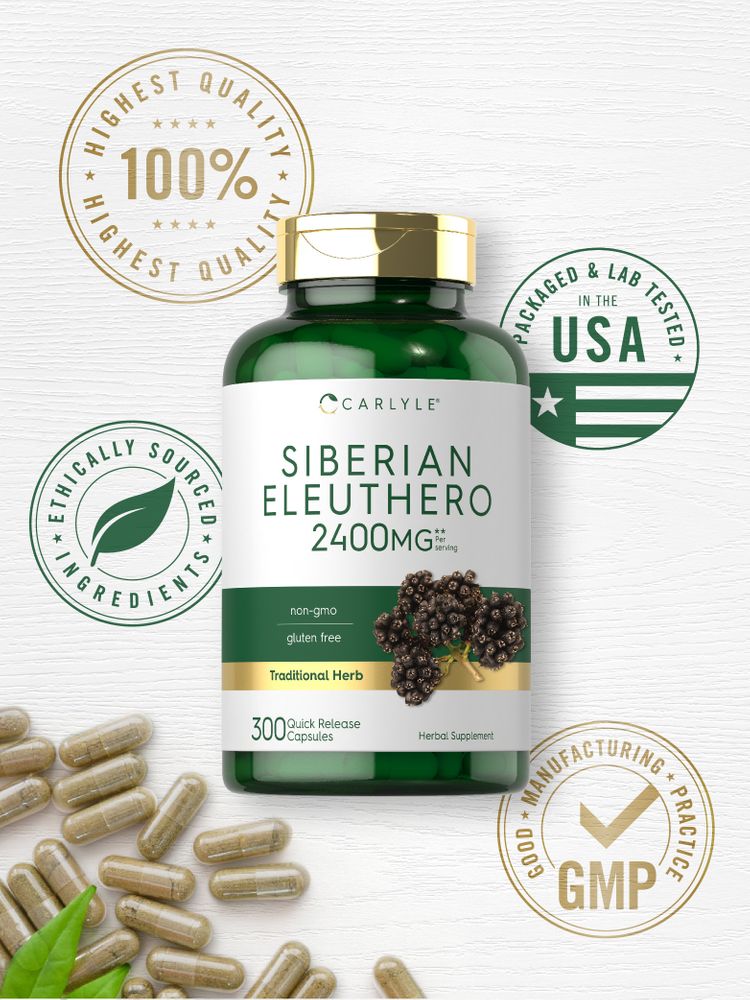 Siberian Eleuthero 2400 mg Quick Release Capsules: many translucent brown-green capsules with visible herbal powder, scattered.