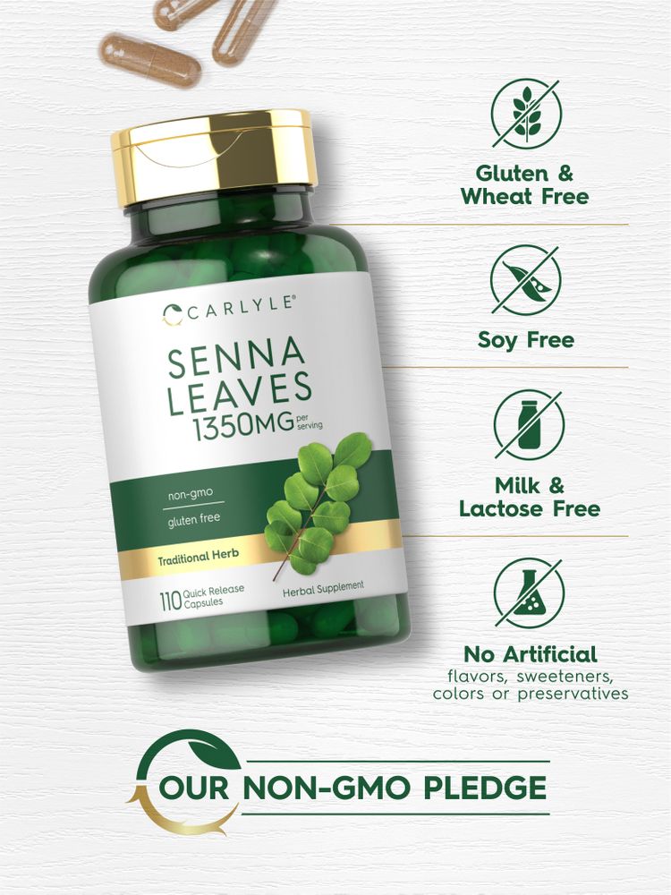 Senna Leaves 1350mg Quick Release Capsules spilled from a bottle onto a surface in a scattered arrangement.