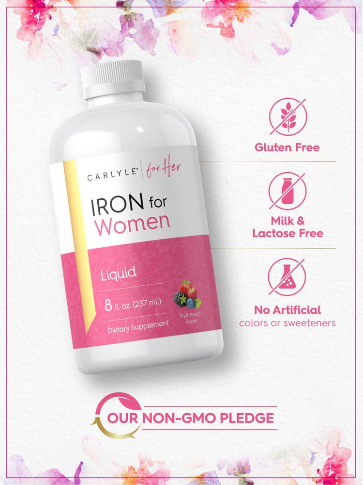 Carlyle Liquid Iron for Women bottle: Gluten free, milk & lactose free, no artificial colors or sweeteners, non-GMO pledge.
