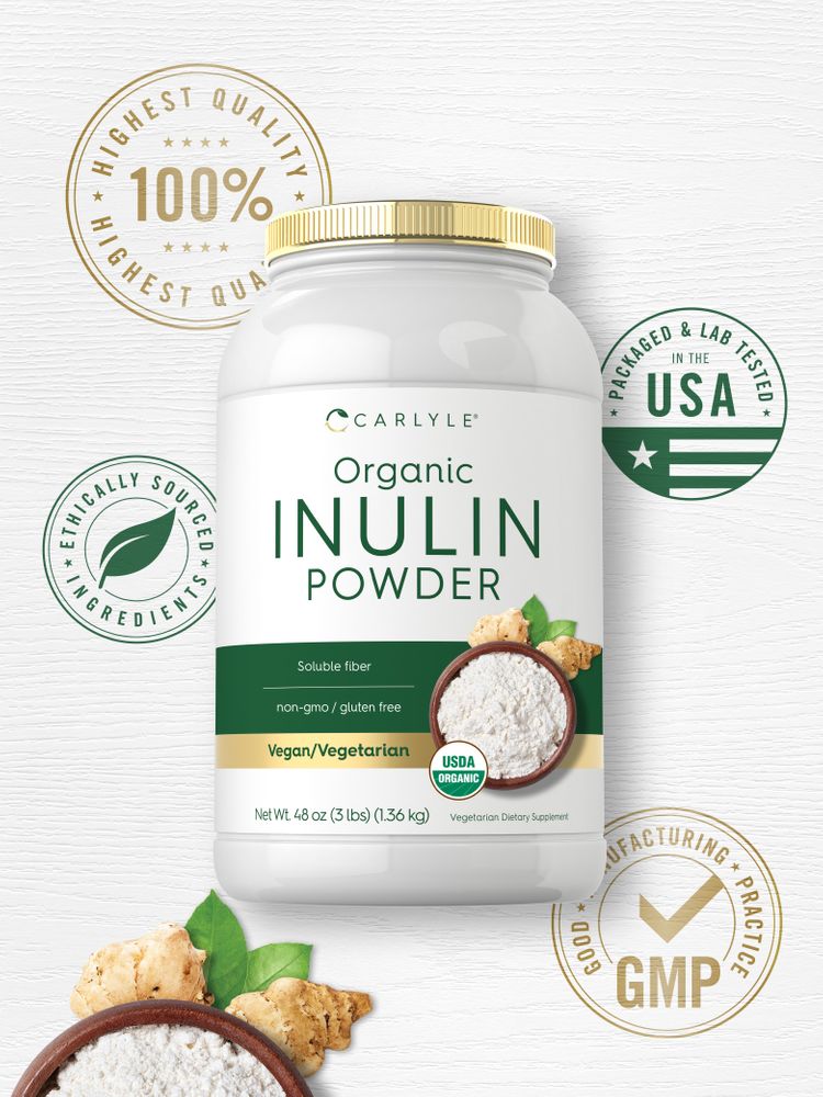 Organic Inulin Powder 48 oz (3 lbs) tub, featuring white powder in a wooden bowl and loose chicory roots.