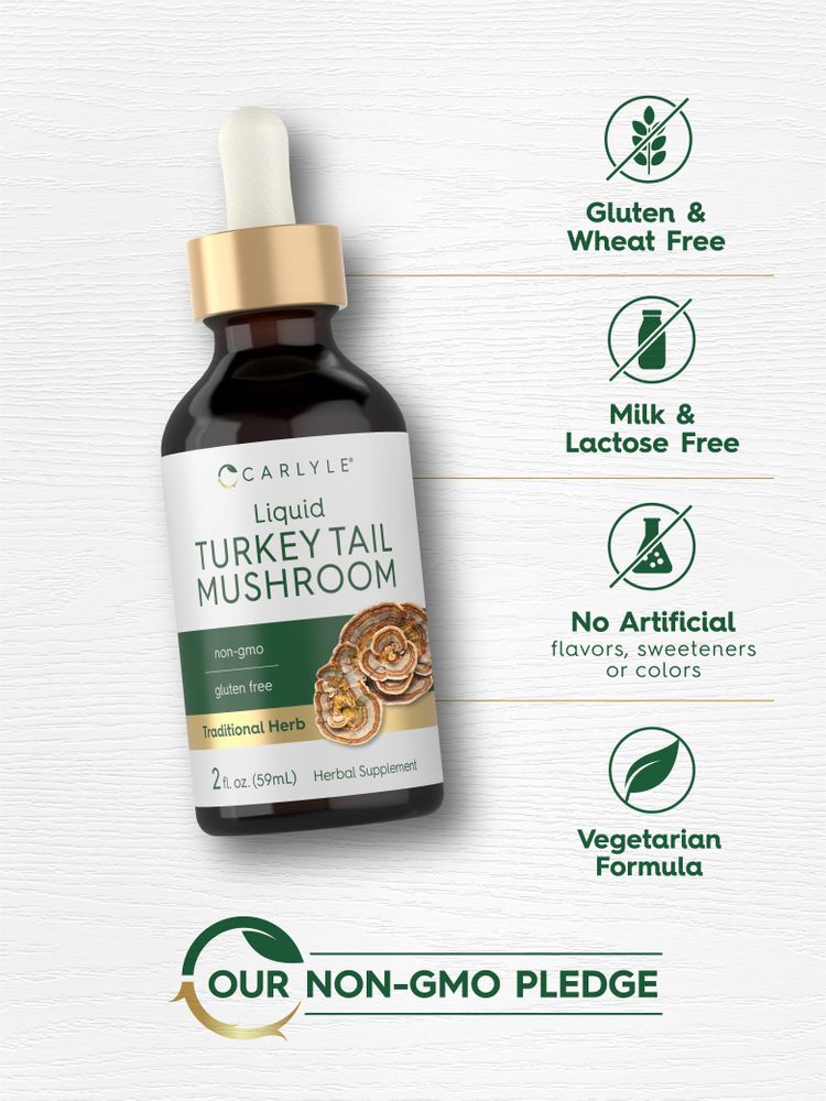 Turkey Tail bottle: Gluten & Wheat Free, Milk & Lactose Free, No Artificial flavors, sweeteners or colors, Vegetarian Formula, Our Non-GMO Pledge