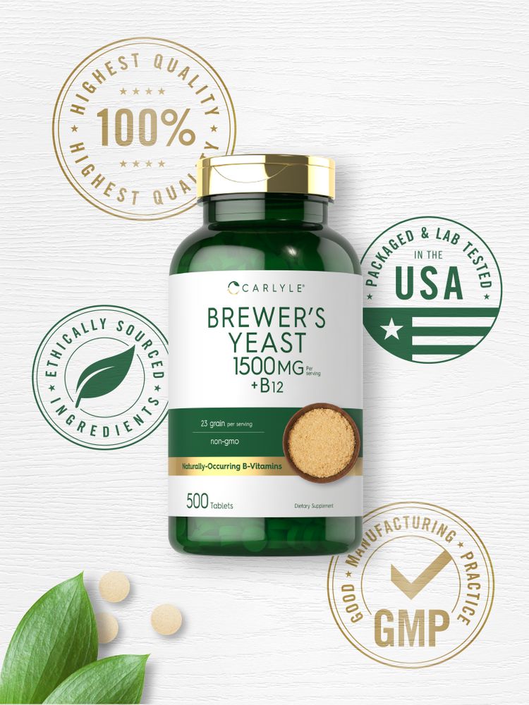 Loose Brewers Yeast 1500 mg tablets shown with powder in a bowl; each serving is 23 grain.