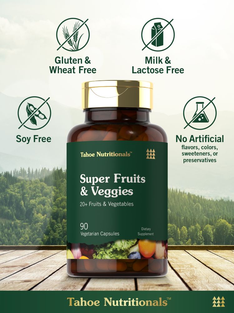 Super Fruits & Veggies bottle: Gluten & Wheat Free, Milk & Lactose Free, Soy Free, No Artificial Flavors/Colors/Sweeteners/Preservatives
