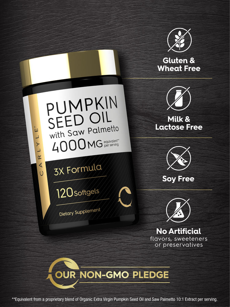 Pumpkin Seed Saw Palmetto bottle: Gluten & Wheat Free, Milk & Lactose Free, Soy Free, No Artificial Flavors/Sweeteners/Preservatives, Non-GMO