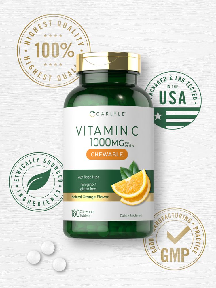 Hand holding a bottle of Vitamin C 1000 mg tablets with three white chewables visible next to it.