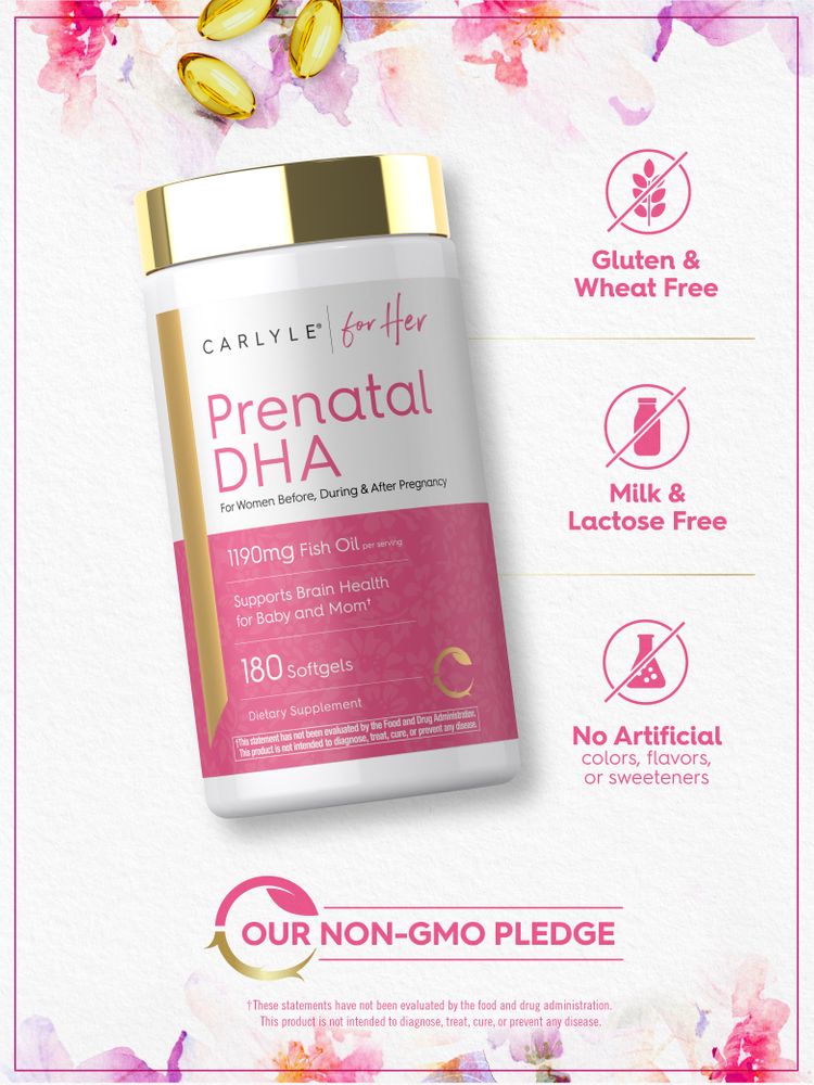 Prenatal DHA bottle with 180 softgels, each containing 1190mg Fish Oil, displayed with loose softgels.