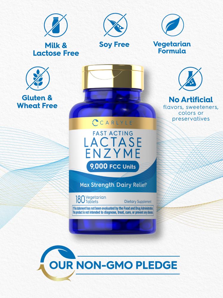 Lactase bottle: Milk & Lactose Free, Soy Free, Vegetarian, Gluten & Wheat Free, No Artificial Flavors/Sweeteners/Colors/Preservatives, Non-GMO