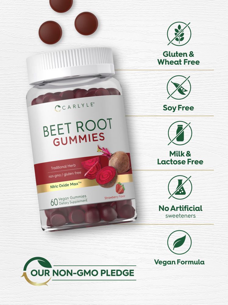 Sixty red Carlyle Beet Root Gummies in a clear jar, with three gummies on a white surface.