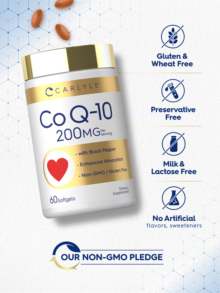 Co Q-10 bottle with icons indicating Gluten & Wheat Free, Preservative Free, Milk & Lactose Free, No Artificial Flavors, Non-GMO.