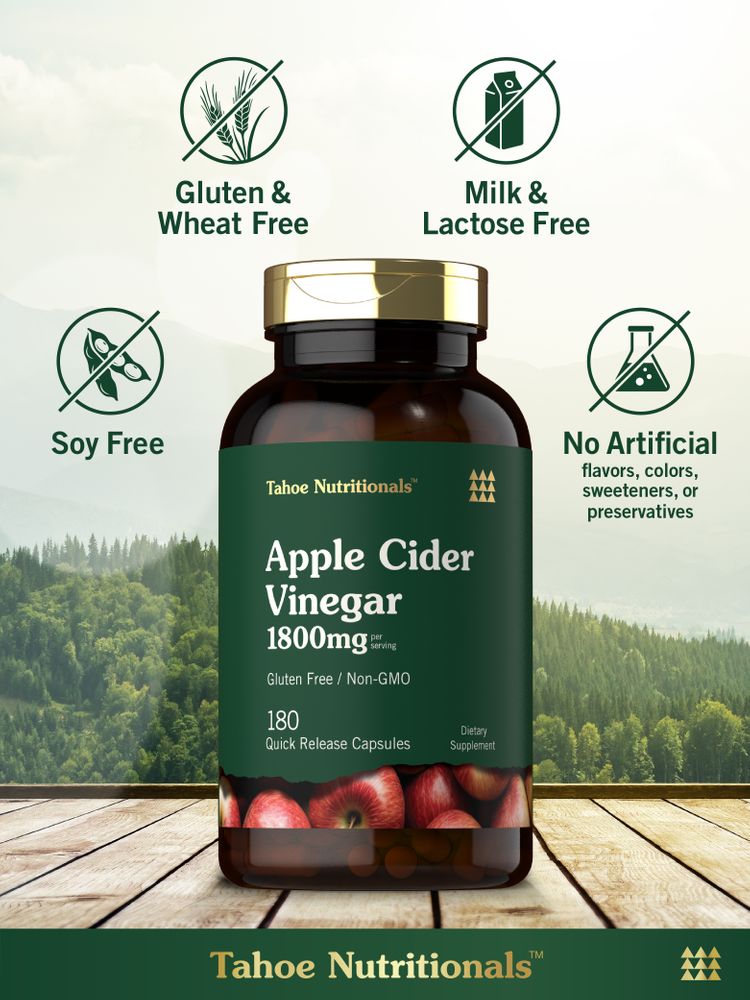 Apple Cider Vinegar bottle: Gluten & Wheat Free, Milk & Lactose Free, Soy Free, No Artificial Flavors/Colors/Sweeteners/Preservatives