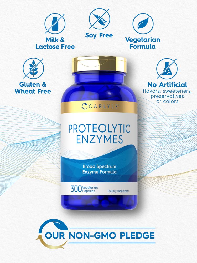 Proteolytic Enzymes bottle: Milk & Lactose Free, Soy Free, Vegetarian, Gluten & Wheat Free, No Artificial Flavors/Sweeteners/Preservatives/Colors, Non-GMO
