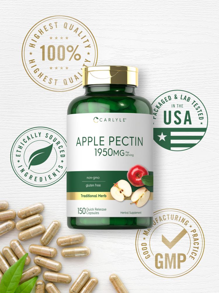 Carlyle Apple Pectin 1950mg capsules scattered on a white surface with green leaves around them.
