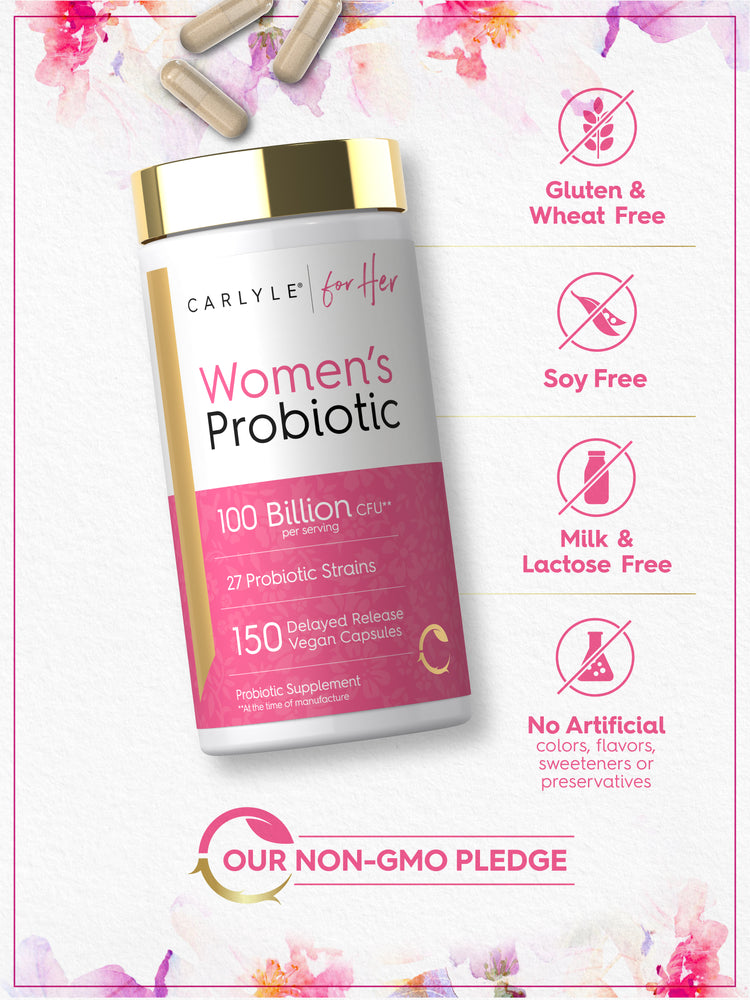 Women's Probiotic bottle: Gluten & Wheat Free, Soy Free, Milk & Lactose Free, No Artificial Colors/Flavors/Sweeteners/Preservatives, Our Non-GMO Pledge
