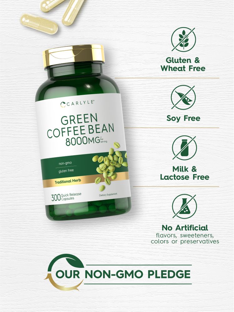 Green Coffee Bean 8000 mg 300 Quick Release Capsules bottle with scattered light-colored capsules around it.