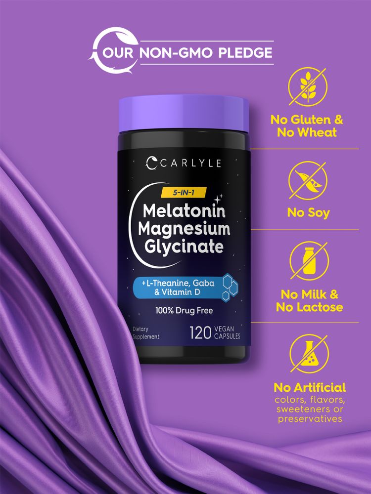 Melatonin Magnesium Glycinate bottle: No Gluten & No Wheat, No Soy, No Milk & No Lactose, No Artificial Colors/Flavors/Sweeteners/Preservatives