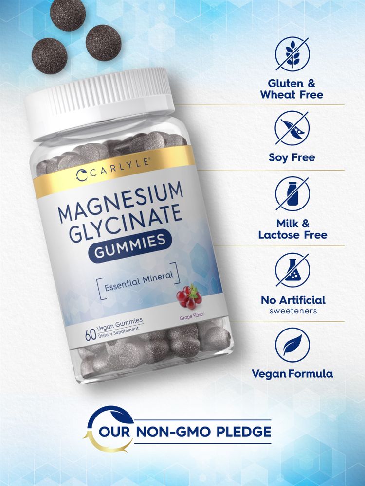 Dark grey, round, textured Magnesium Glycinate gummies, with the Carlyle bottle for 60 gummies displayed in the background.