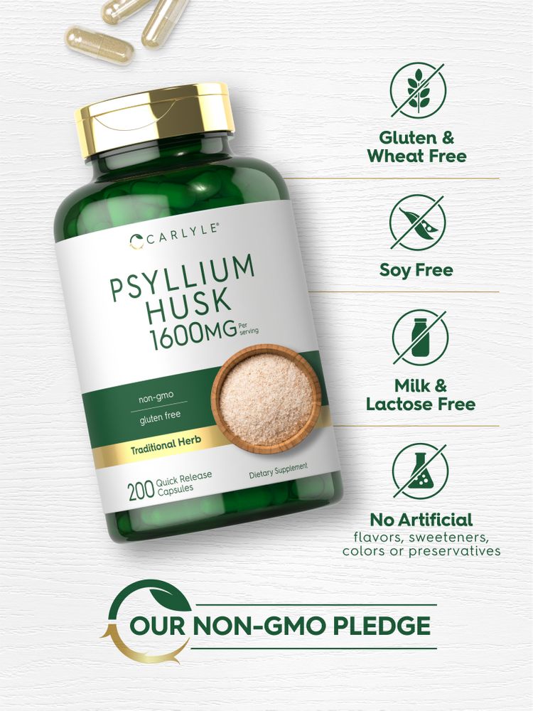 Hand holding Psyllium Husk 1600mg Quick Release Capsules and psyllium husk powder.