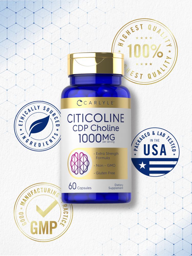 Citicoline bottle: 100% Highest Quality, Ethically Sourced, GMP, Packaged & Lab Tested in USA, Extra Strength, Non-GMO, Gluten Free.