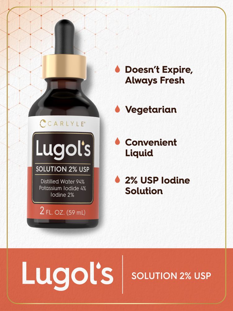 Carlyle Lugol's Solution 2% USP, a 2 fl. oz. (59 mL) liquid iodine solution in a dropper bottle for easy dispensing.