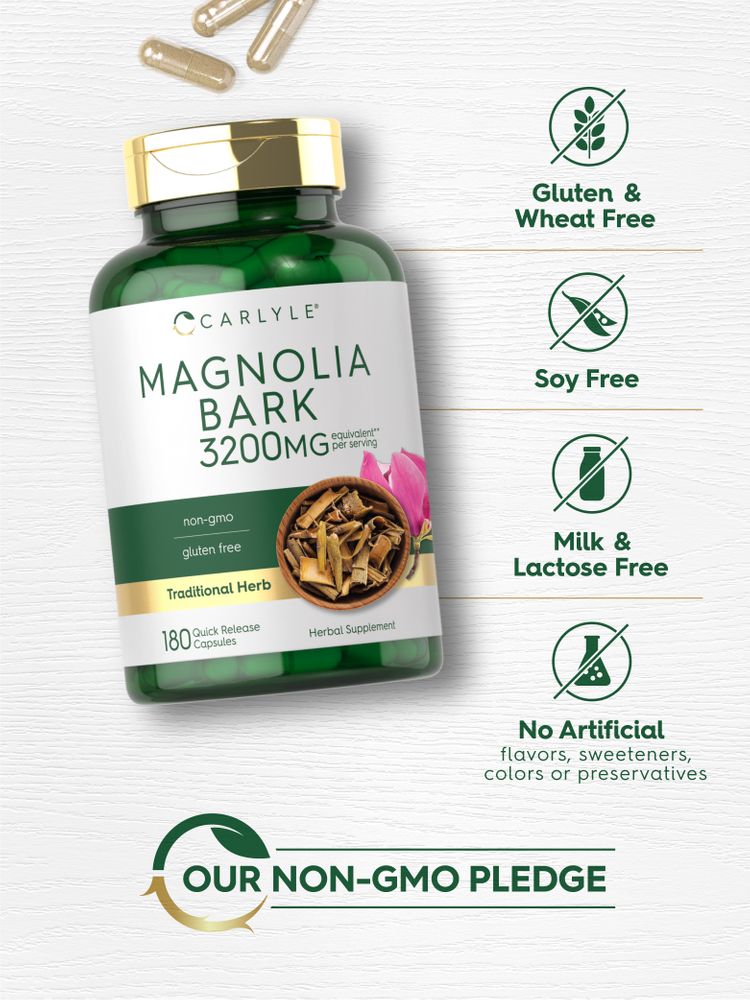 Several loose Carlyle Magnolia Bark Quick Release Capsules scattered on a bulk scale.