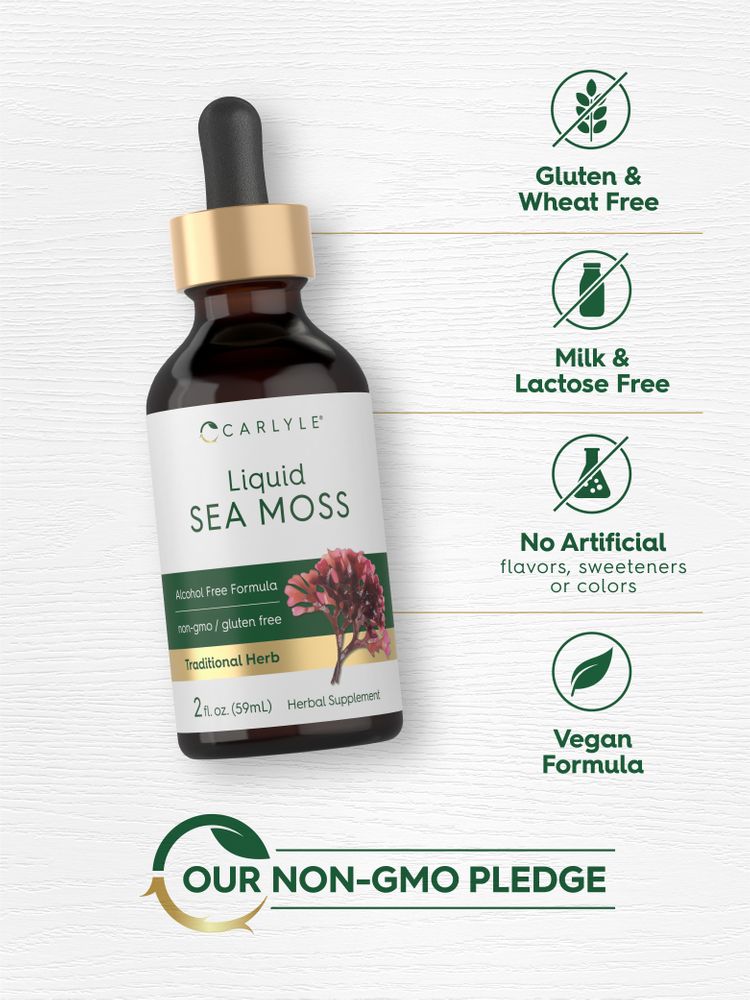 Bottle of Sea Moss Liquid: Gluten & Wheat Free, Milk & Lactose Free, No Artificial Flavors, Vegan Formula.