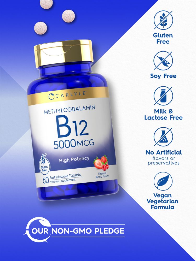 A hand holding three B-12 5000 MCG fast dissolve tablets, highlighting the compact size and easy consumption for vitamin support.