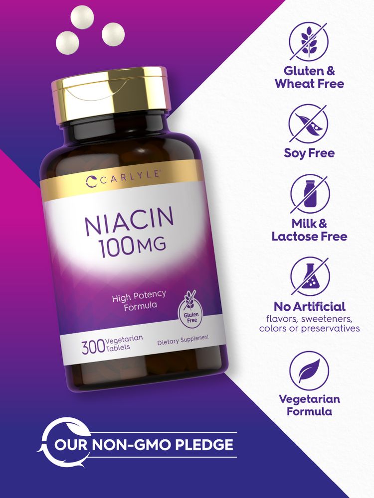 A hand holding three round white 100 mg Niacin tablets.