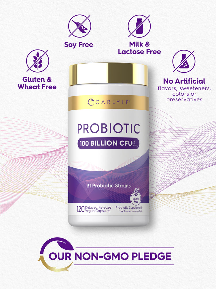 Carlyle Probiotic with 100 Billion CFU, 31 strains, and 120 delayed release vegan capsules.