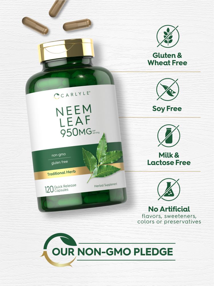 Hand holding a bottle of Neem Leaf 950mg Quick Release Capsules.