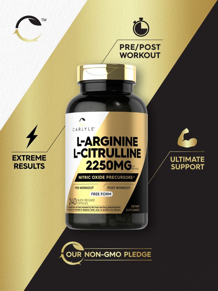Hand holding Carlyle L-Arginine L-Citrulline 2250mg quick release capsules, showing bulk scale.