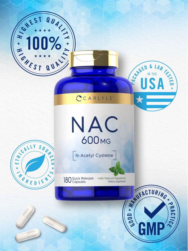 Three white capsules of NAC 600 mg with quick release.