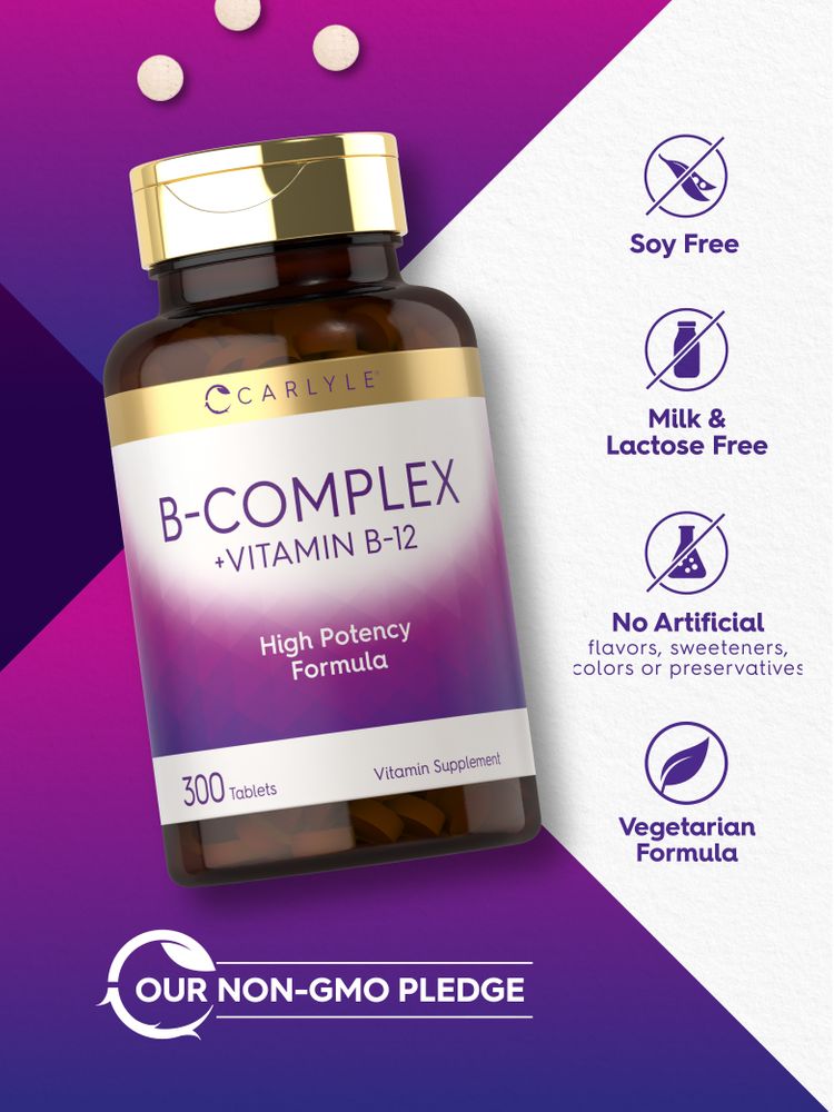A hand holding a scale with three Carlyle B-Complex plus Vitamin B-12 tablets showing their size and quantity.