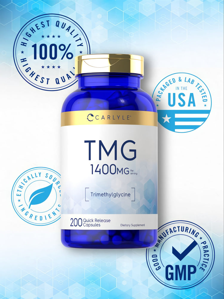 Trimethylglycine (TMG) 1400mg with 200 quick-release capsules shown on a hand scale.