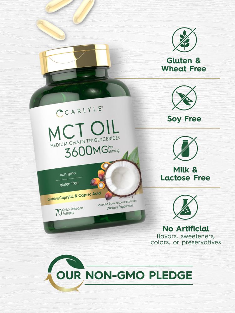 MCT bottle: Gluten & Wheat Free, Soy Free, Milk & Lactose Free, No Artificial Flavors/Sweeteners/Colors/Preservatives, non-gmo