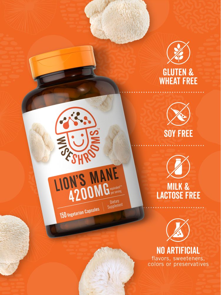 WiseShroom Lion's Mane 4200MG, 150 vegetarian capsules beside loose Lion's Mane mushrooms.