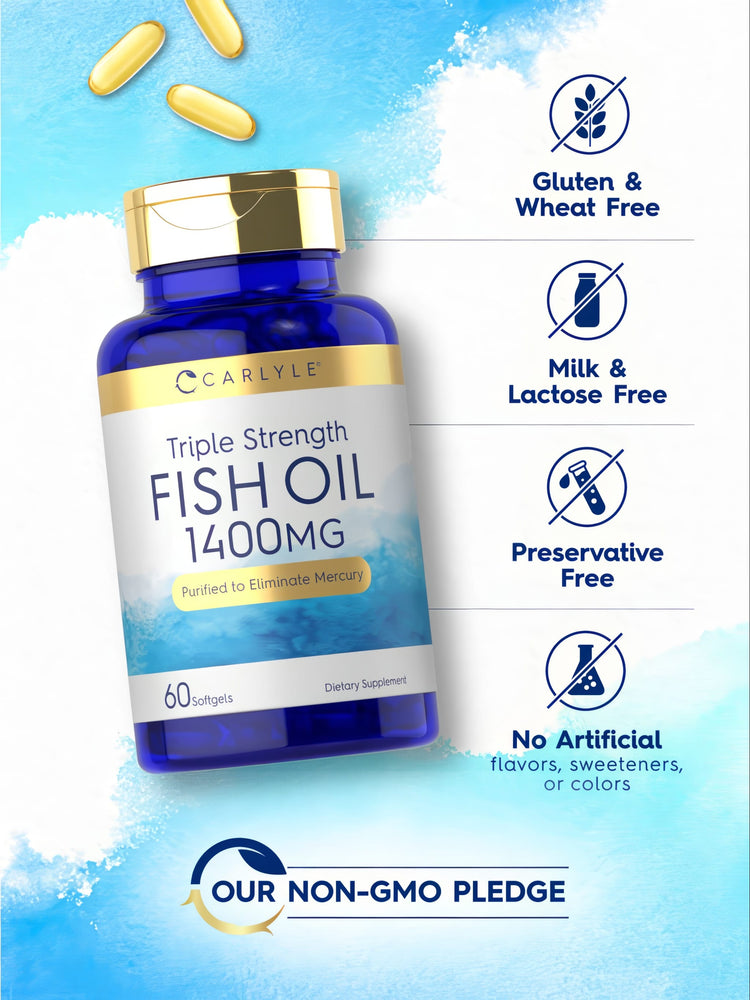 Three yellow softgels of Carlyle Triple Strength Fish Oil 1400MG on a hand scale.