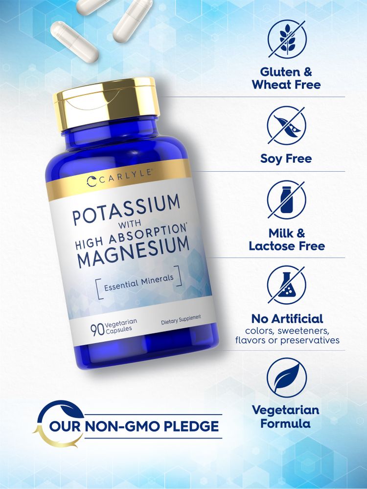 Several white capsules, representing the dosage form for Carlyle Potassium Magnesium, are shown.