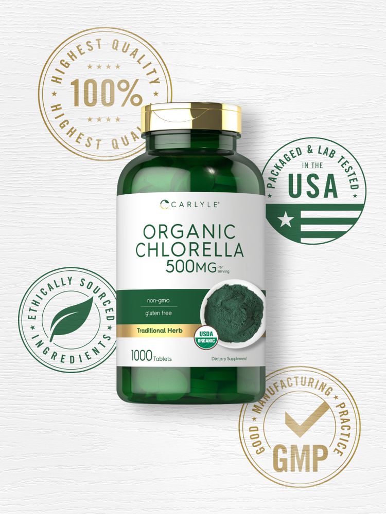 A green bottle of Organic Chlorella 500 mg tablets, 1000 count, next to a bowl of green chlorella powder.