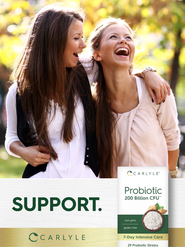 Two young women laughing, one with her arm around the other, beside a Probiotic 200 Billion CFU box and the word 'SUPPORT'.