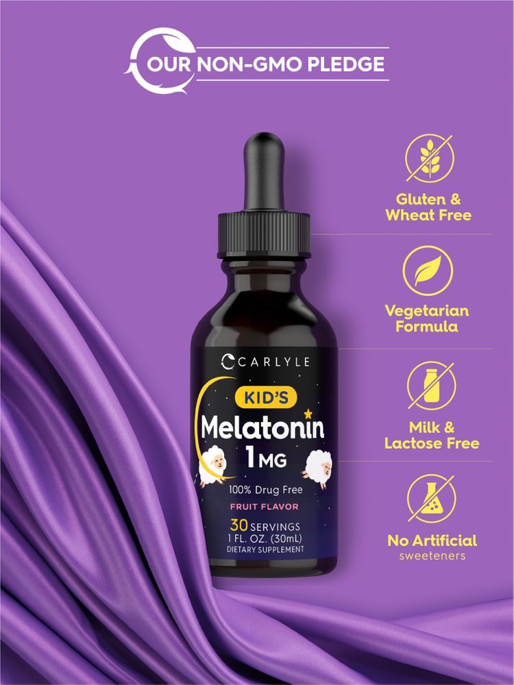 Kids Melatonin bottle: Gluten & Wheat Free, Vegetarian, Milk & Lactose Free, No Artificial Sweeteners.