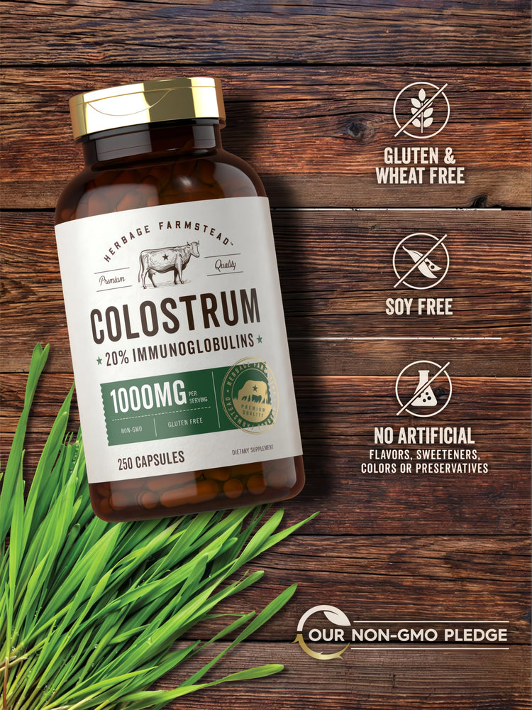 A hand holding a bottle showing 250 capsules of Colostrum, 1000 mg each, highlighting size and quantity for reference.