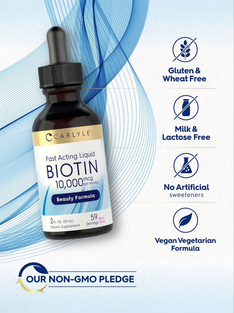 Biotin Liquid bottle: Gluten & Wheat Free, Milk & Lactose Free, No Artificial sweeteners, Vegan Formula, Non-GMO.