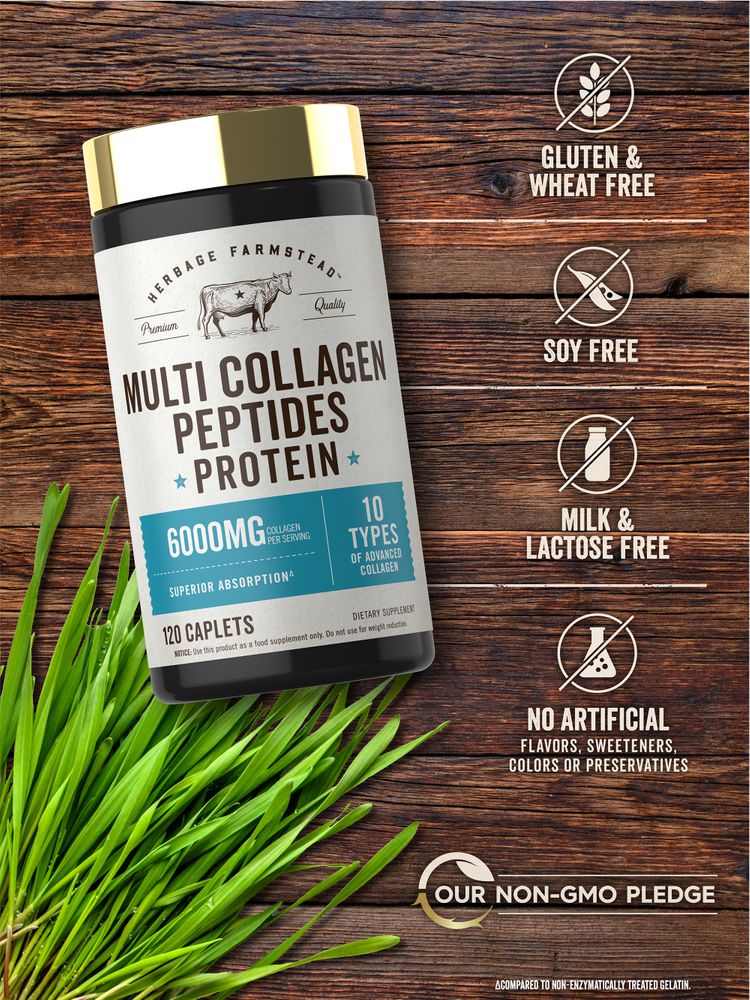 Bottle of Multi Collagen Peptides Protein with 120 caplets shown on a scale, highlighting the product's bulk size.
