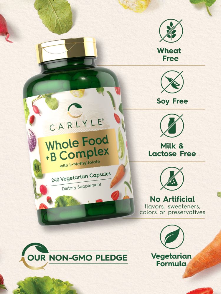Bottle of Carlyle Whole Food + B Complex with 240 vegetarian capsules on a hand scale.