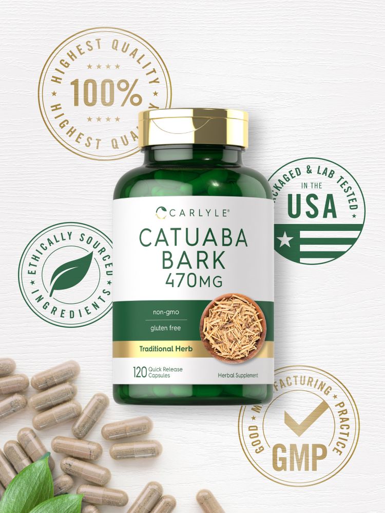 A pile of Carlyle Catuaba Bark 470 mg quick release capsules, 120 count, showing their light brown granular contents.